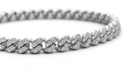 Luxury chain bracelet with round diamonds in k white gold, isolated on white background