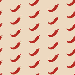 Obraz premium Seamless pattern with chili pepper in flat style on beige background. Minimalistic design for kitchen, cafe, textile. Vector illustration. 