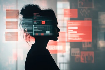 Silhouette of a woman with superimposed code and digital interfaces, symbolizing technology and programming.