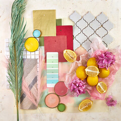 Color palette mood board in blue and yellow tones with floral decoration for interior design and...