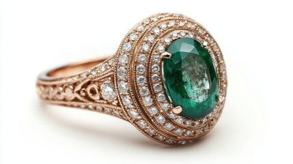 Fototapeta premium Exquisite emerald and diamond cocktail ring in rose gold, isolated on white background