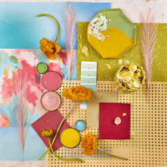 Color palette mood board in blue and yellow tones with floral decoration for interior design and...