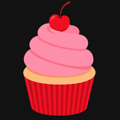 Delicious Pink Cupcake with Cherry &ndash; Flat Illustration