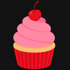 Delicious Pink Cupcake with Cherry &ndash; Flat Illustration