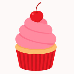 Delicious Pink Cupcake with Cherry &ndash; Flat Illustration