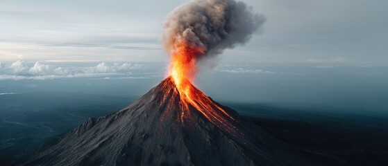 volcano eruption pressure concept. Erupting volcano spewing lava and ash against a cloudy sky, showcasing nature's power.