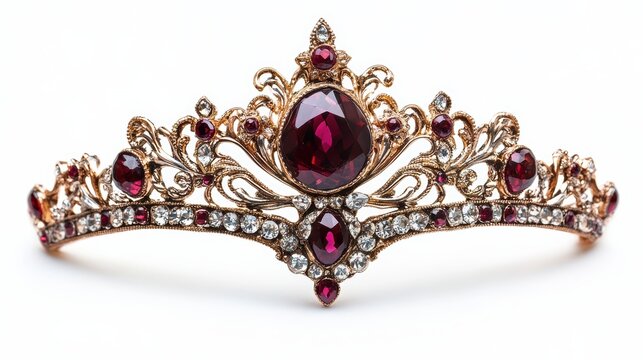 Royal-style ruby tiara with baroque detailing, isolated on white background