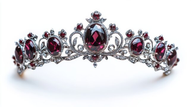 Royal-style ruby tiara with baroque detailing, isolated on white background