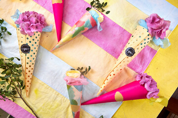 Color palette mood board in bright crimson and yellow with floral decoration for interior design...