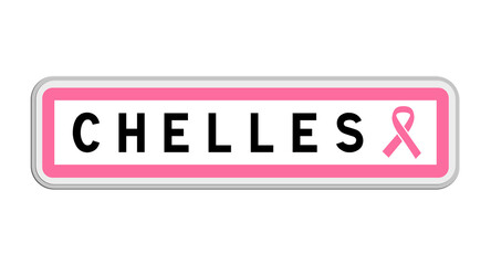 Panneau de sortie de Chelles, Seine-et-Marne, Île-de-France avec Ruban Octobre Rose