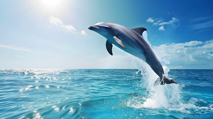 A playful dolphin leaping from the sparkling turquoise sea