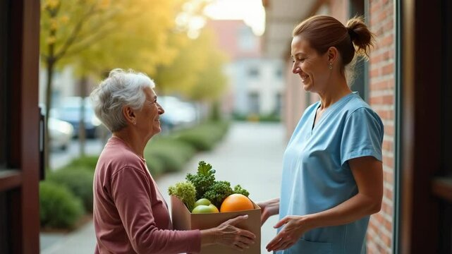 Woman delivering groceries to elderly neighbor in autumn setting  