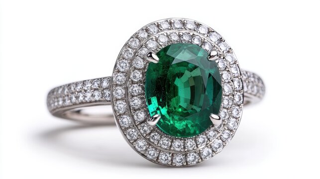Opulent emerald ring with double halo of white diamonds, isolated on white background