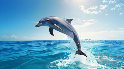 A graceful dolphin leaps out of the crystal-clear ocean