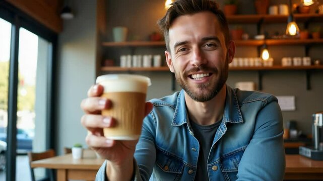 Smiling man enjoying coffee in a cozy cafe environment  