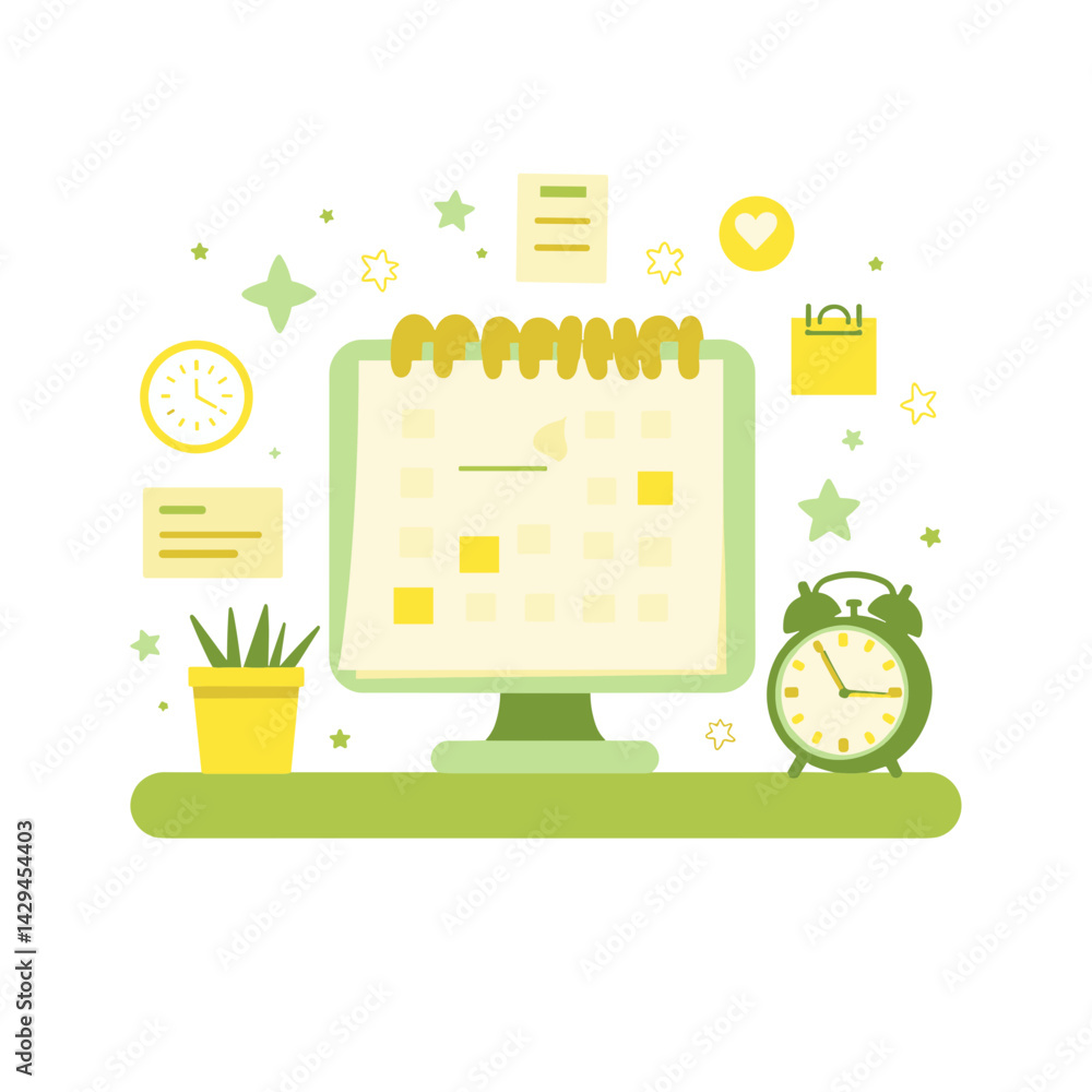 Poster calendar and clock illustrating time management in a bright workspace