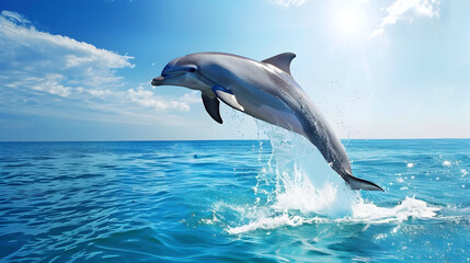 Graceful Dolphin Leaping Out of the Ocean Surrounded by Splashing Water and Clear Blue Sky