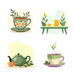 Stress Relief Tea Illustration with Green Teapot and Cups  