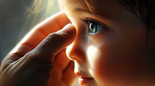 Close-up portrait of a child's face, bathed in soft light.