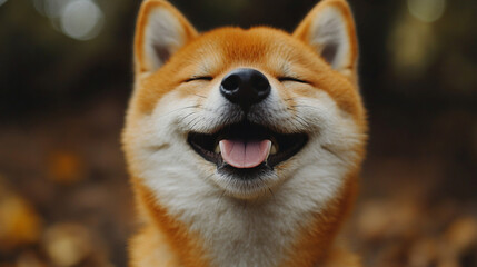 Happy smiling Shiba Inu dog isolated on a clean background symbolizes joy loyalty and the spirited nature of Japanese culture ideal for concepts of positivity independence and friendly energy

