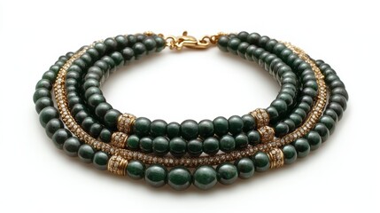 Obraz premium Luxurious layered necklace with emerald beads and gold accents, isolated on white background