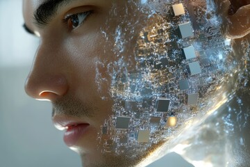 A man's face is partially transparent, revealing an intricate circuit board beneath his skin, symbolizing technological integration with humanity.