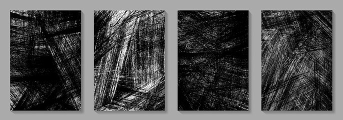 Set of black texture overlay with brush strokes for background. Overlay texture backdrop. Grunge hand drawn vector illustrations.