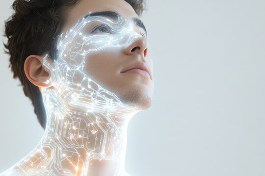 A young man's face is overlaid with a glowing circuit board pattern, symbolizing technological integration with humanity.