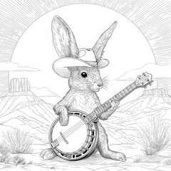 Detailed line art of rabbit playing banjo in desert, cowboy hat, musical concept. Perfect for coloring books, western themes, animal illustrations.