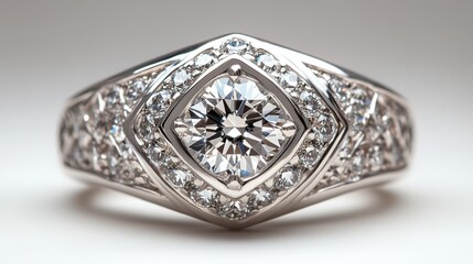 Bold diamond ring with geometric design and platinum setting, isolated on white background