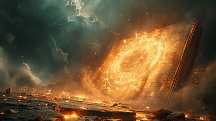 Infographic Book of Enoch combining futuristic elements ancient religious texts and enochian literature highlighting watchers and biblical figures in a hyper realistic style with space for annotations