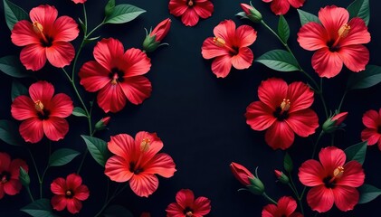 Bold hibiscus silhouettes, stylized repeat, dark background , simple, texture