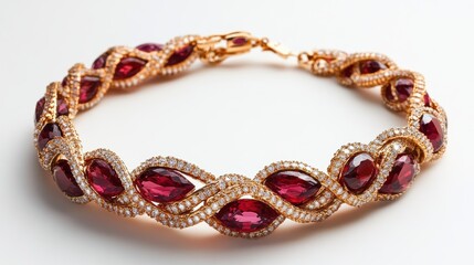 Designer ruby necklace with spiral gold setting, isolated on white background