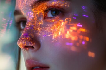 A woman's face is overlaid with a vibrant, futuristic circuit board pattern, creating a stunning digital art piece.
