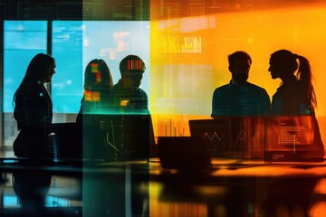 Silhouetted business team collaborates on digital data, showcasing modern workplace technology and teamwork.