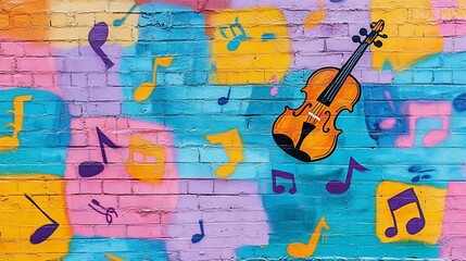 Vibrant brick wall adorned with colorful musical notes and a violin