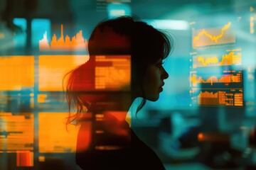 Silhouette of a woman against a backdrop of vibrant, dynamic data screens, symbolizing technology and information overload.