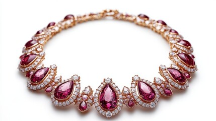 Obraz premium Royal-style gold necklace with pear-shaped rubies and diamonds, isolated on white background