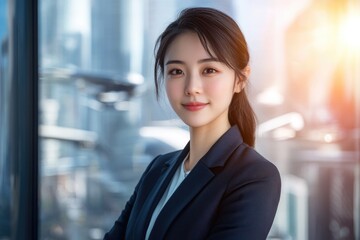 Confident young Asian businesswoman in a modern office setting, looking directly at the camera.