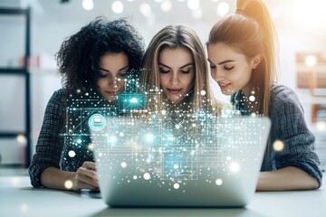 Three young women collaborate on a laptop, a digital network overlay symbolizes teamwork and technological synergy.