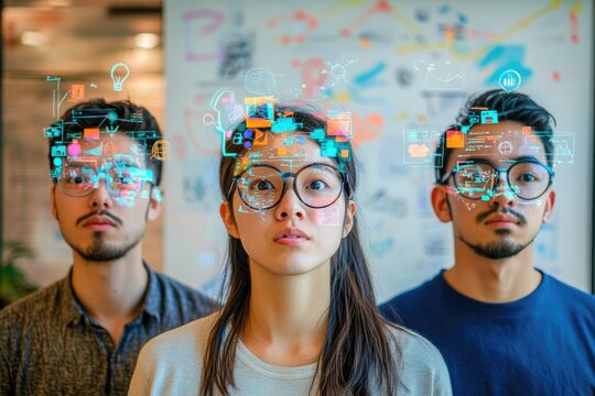Three young adults wearing glasses with futuristic augmented reality interfaces displaying data and ideas.