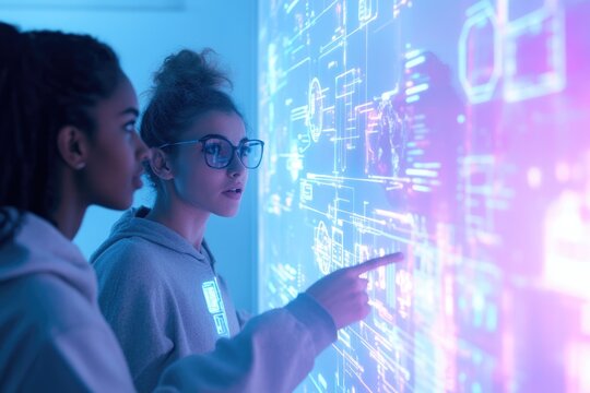 Two young women collaborate, interacting with a futuristic holographic interface displaying complex data visualizations.