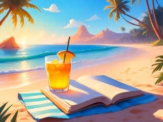 Tropical beach relaxation with open book and orange cocktail at sunset.