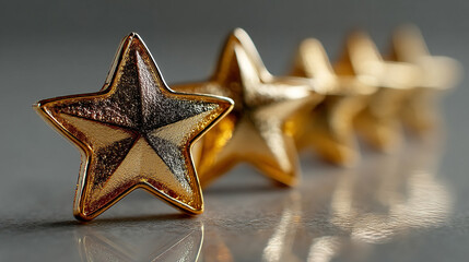 Line of five shiny golden stars on a blank background symbolizes excellence high ratings premium quality and top performance in a minimalistic clean visual style

