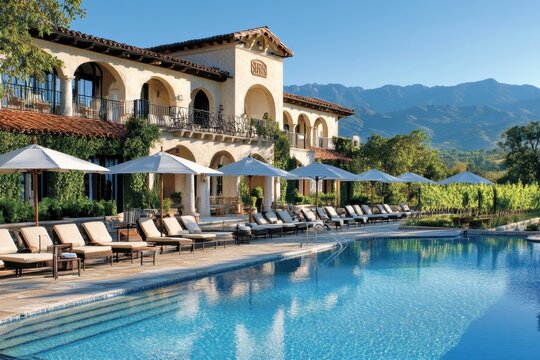 An elegant outdoor poolside at the Napa Valley Europeanified SURREX hotel, overlooking vineyards and mountains in Ojai, California, with lounge chairs under umbrellas Generative AI