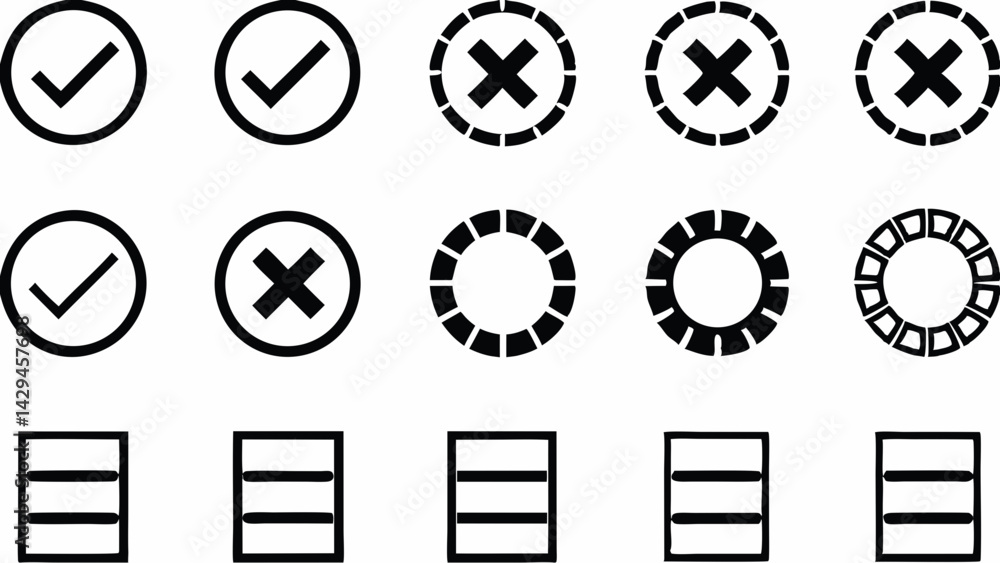 Aufkleber illustration of check marks, x marks, segmented circles, and rectangular boxes arranged in rows and 