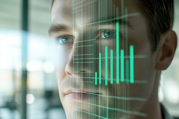 A man's face is overlaid with a grid and bar graph, symbolizing data analysis and technology's integration with human life.