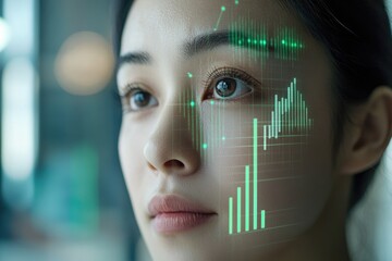 A woman's face overlaid with green data streams and bar graphs, visualizing biometric data or digital transformation.