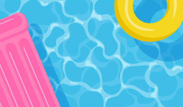 Colorful summer pool background with inflatable mattress and swimming ring. Vector illustration featuring water texture for banners, cards, flyers and social media.