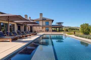 Fototapeta premium the pool area at The Napa Valley outdoor swimming hole, surrounded by lounge chairs and umbrellas with a backdrop of rolling hills in wine country Generative AI